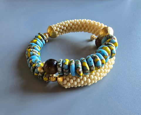 Krobo Combo Beaded Crochet Bangle - Tan/Aqua Multi