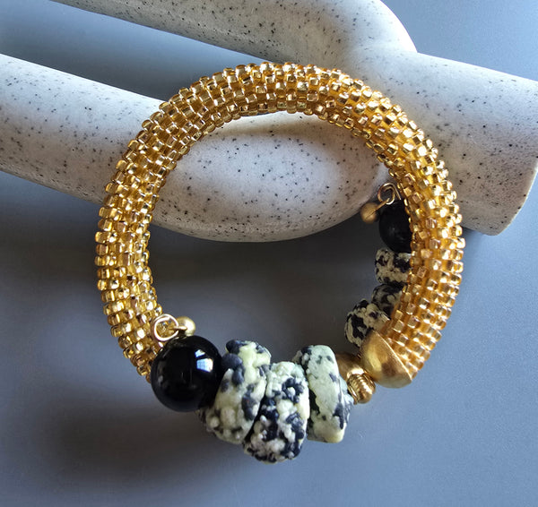 Krobo Combo Beaded Crochet Bangle - Gold/Black/White