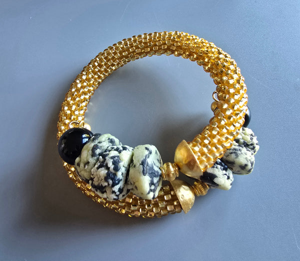 Krobo Combo Beaded Crochet Bangle - Gold/Black/White