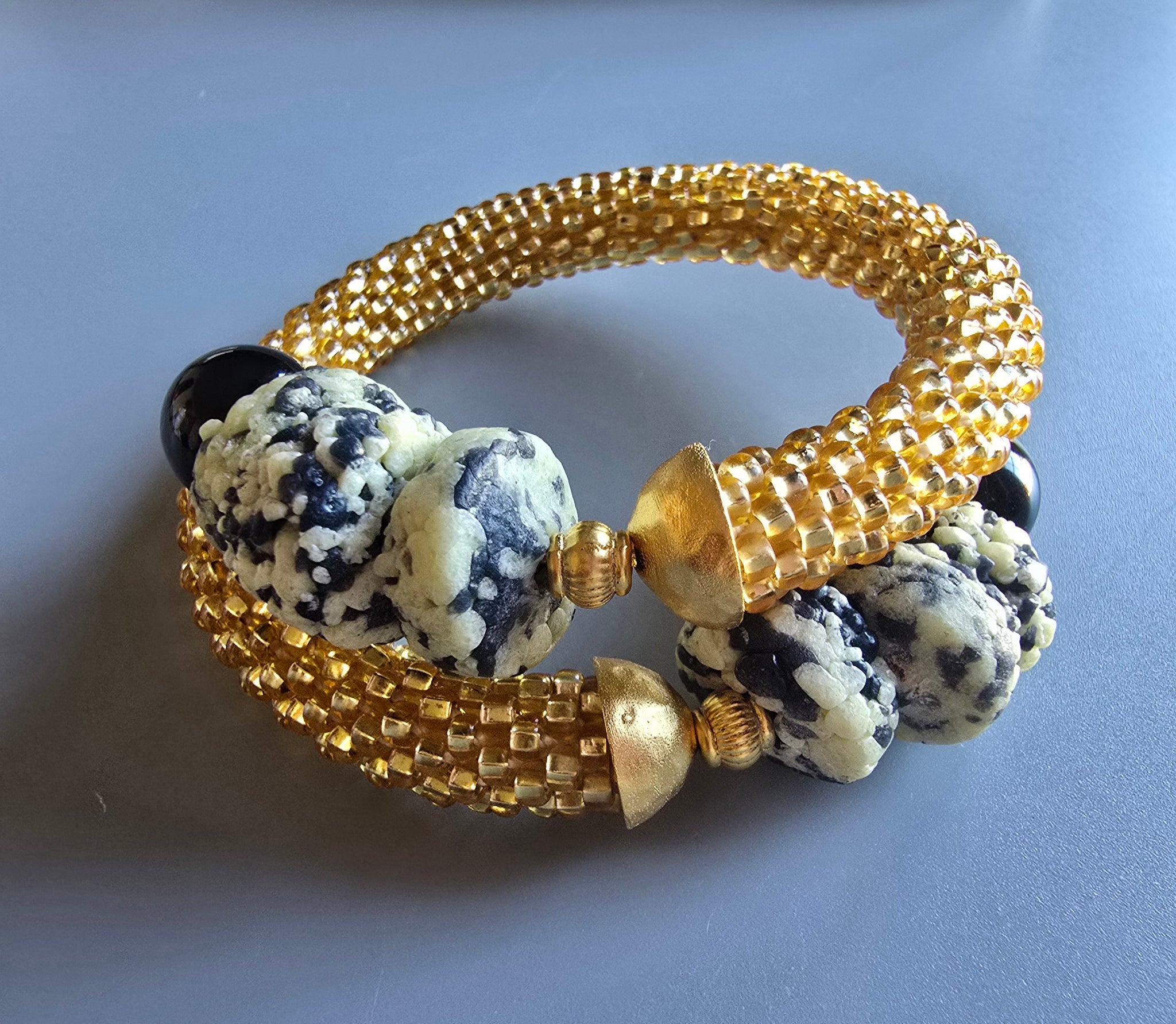 Krobo Combo Beaded Crochet Bangle - Gold/Black/White