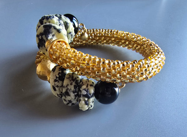 Krobo Combo Beaded Crochet Bangle - Gold/Black/White