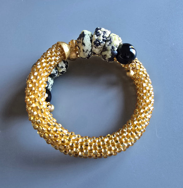 Krobo Combo Beaded Crochet Bangle - Gold/Black/White