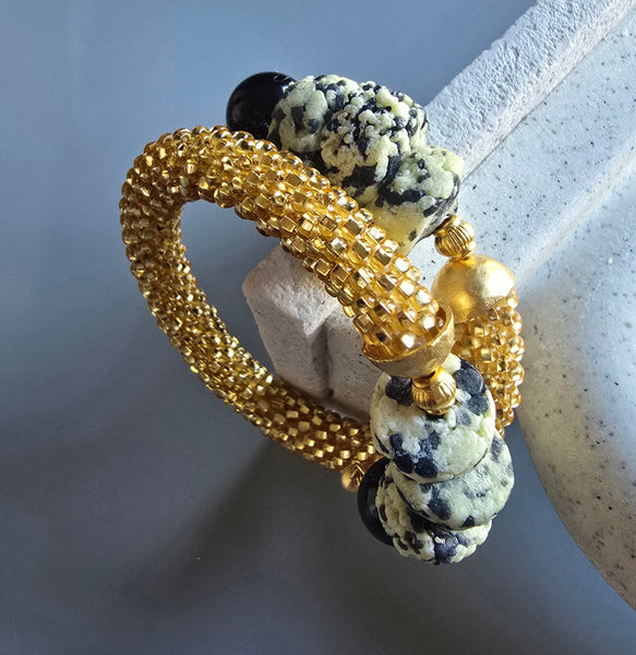 Krobo Combo Beaded Crochet Bangle - Gold/Black/White