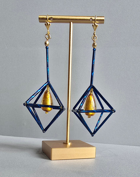 Blue & Mustard Octa Earrings - long