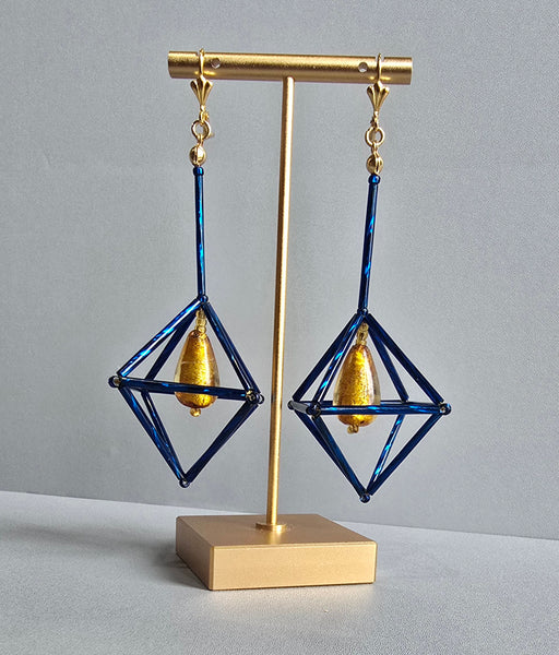 Blue & Mustard Octa Earrings - long