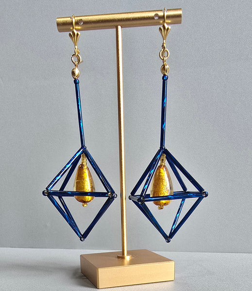 Blue & Mustard Octa Earrings - long