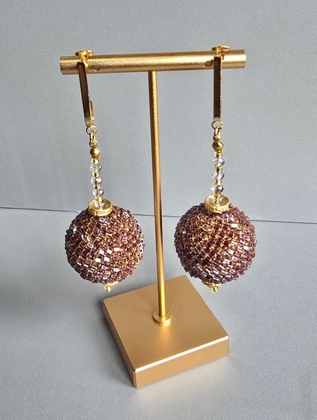 Beaded Crochet Ball Earrings - Berry