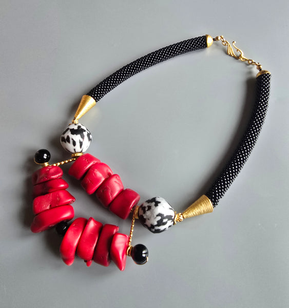 Red/Black/White Bib Beaded Crochet Necklace