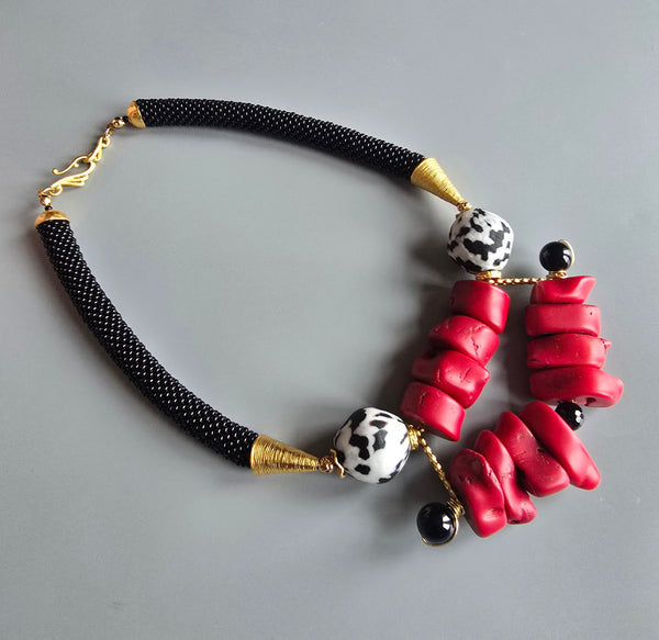 Red/Black/White Bib Beaded Crochet Necklace