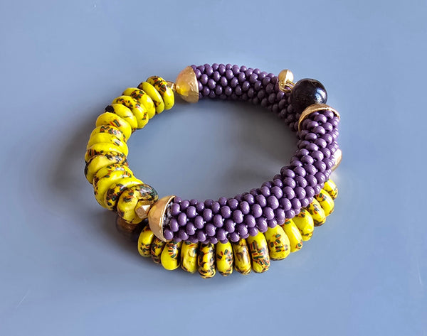 Krobo Combo Beaded Crochet Bangle - Yellow/Purple