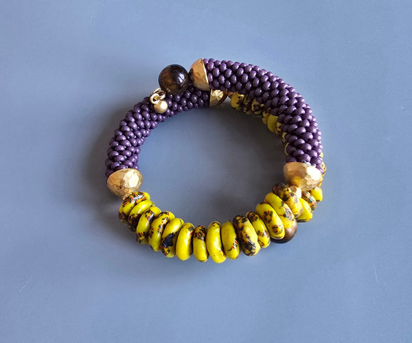 Krobo Combo Beaded Crochet Bangle - Yellow/Purple