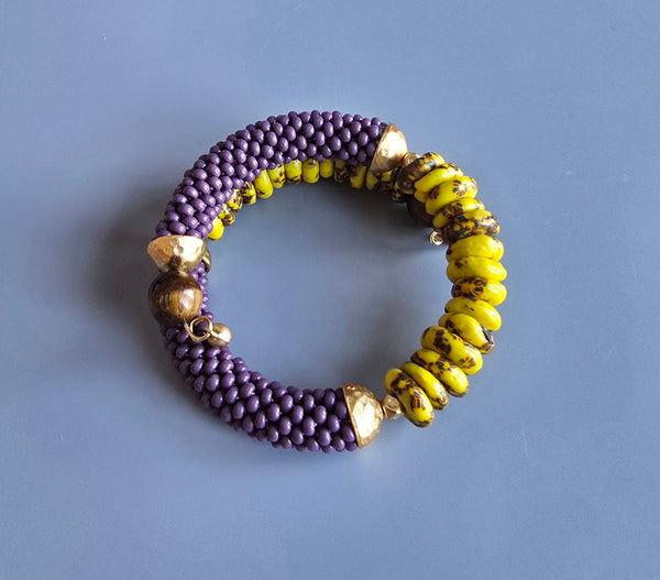 Krobo Combo Beaded Crochet Bangle - Yellow/Purple