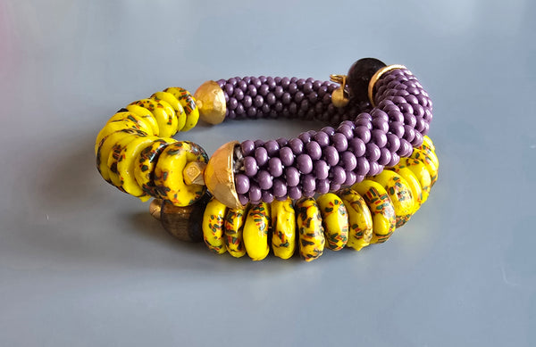 Krobo Combo Beaded Crochet Bangle - Yellow/Purple
