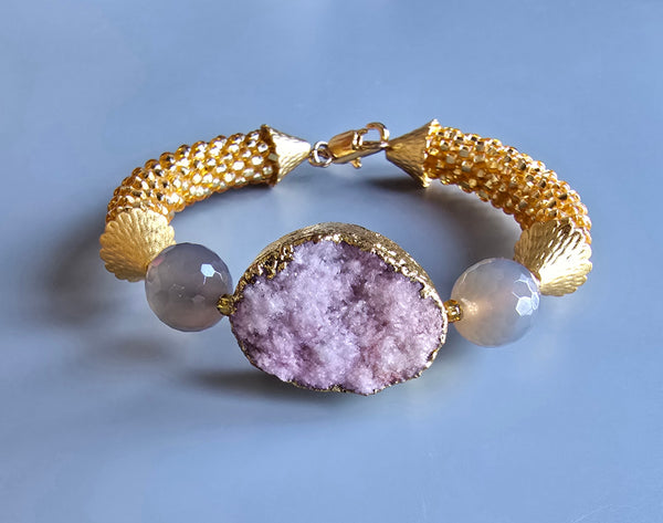 Druzy Combo Beaded Crochet Bangle - Pink/Gold