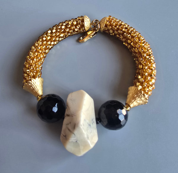 Druzy Combo Beaded Crochet Bangle - Gold/Black/Cream