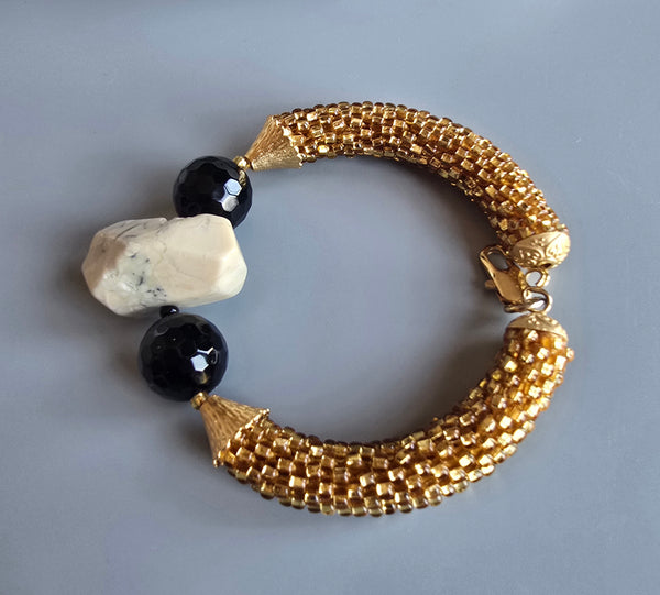 Druzy Combo Beaded Crochet Bangle - Gold/Black/Cream