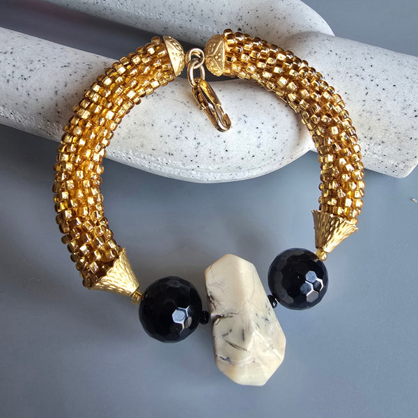 Druzy Combo Beaded Crochet Bangle - Gold/Black/Cream