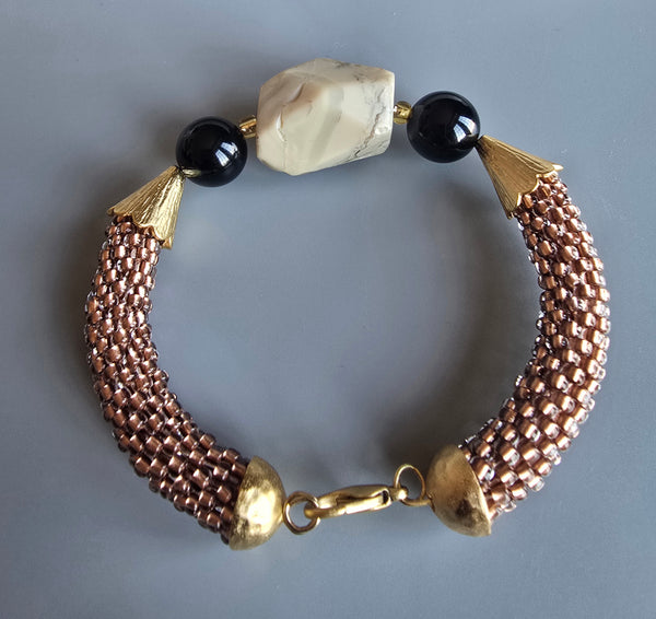 Druzy Combo Beaded Crochet Bangle - Copper/Black/Cream