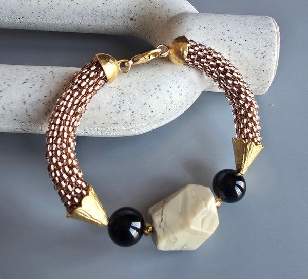 Druzy Combo Beaded Crochet Bangle - Copper/Black/Cream