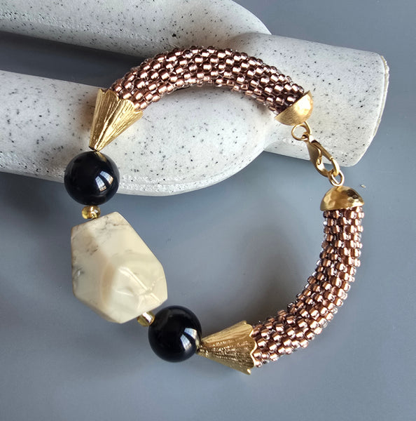 Druzy Combo Beaded Crochet Bangle - Copper/Black/Cream