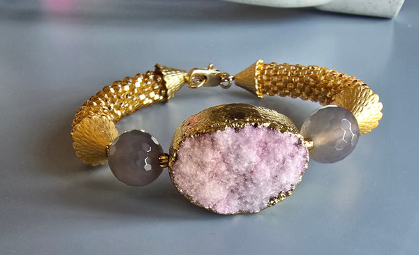 Druzy Combo Beaded Crochet Bangle - Pink/Gold