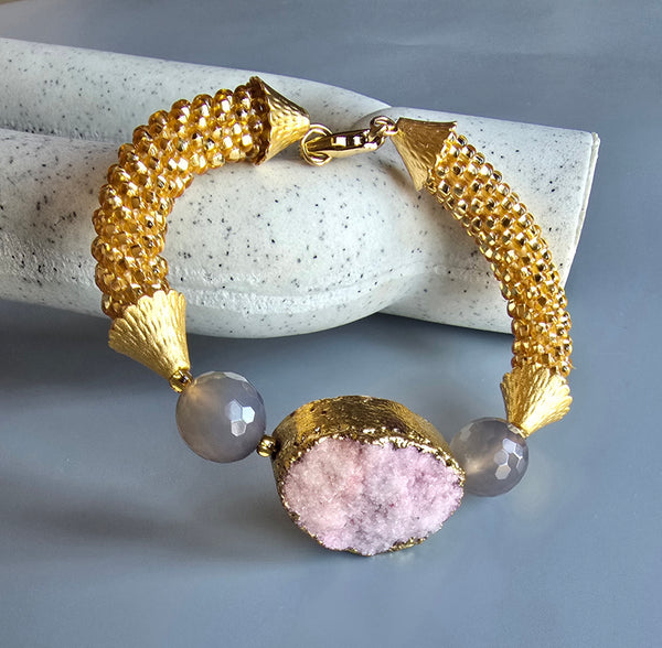 Druzy Combo Beaded Crochet Bangle - Pink/Gold
