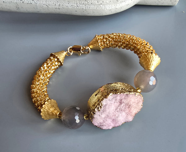 Druzy Combo Beaded Crochet Bangle - Pink/Gold