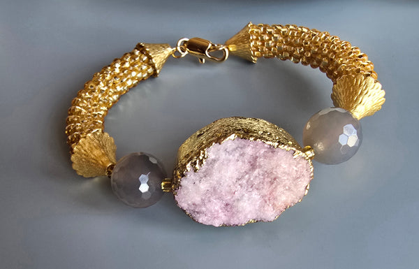 Druzy Combo Beaded Crochet Bangle - Pink/Gold