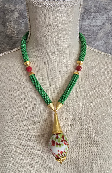 Olive-Raspberry Multi Flacon Beaded Crochet Necklace