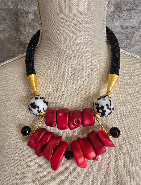 Red/Black/White Bib Beaded Crochet Necklace