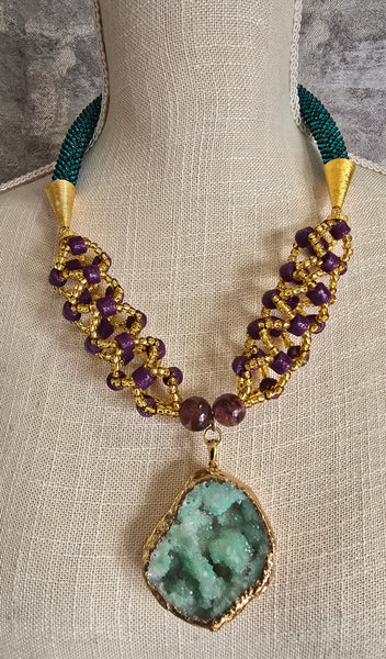 Green/Purple Woven Beaded Crochet Necklace