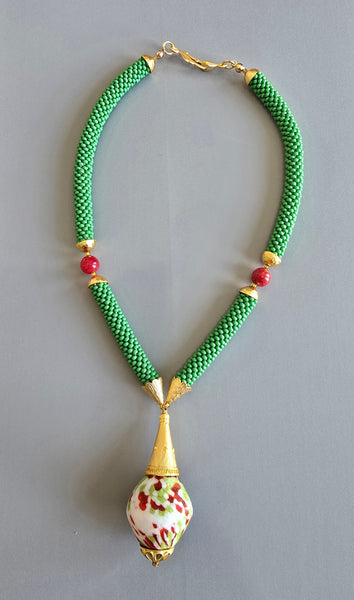 Olive-Raspberry Multi Flacon Beaded Crochet Necklace