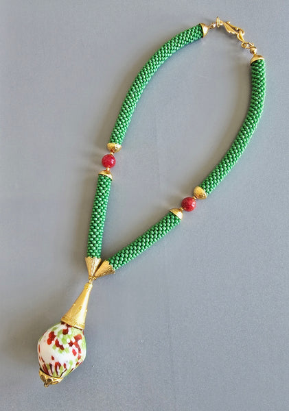 Olive-Raspberry Multi Flacon Beaded Crochet Necklace
