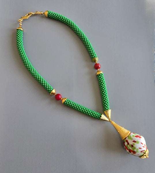 Olive-Raspberry Multi Flacon Beaded Crochet Necklace