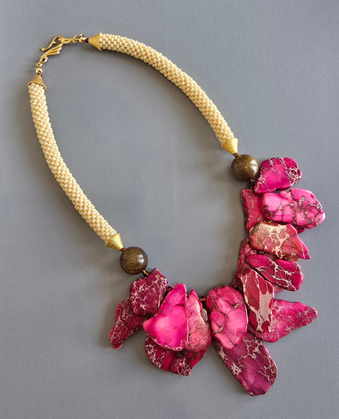 Pink/Brown/Tan Beaded Crochet Necklace