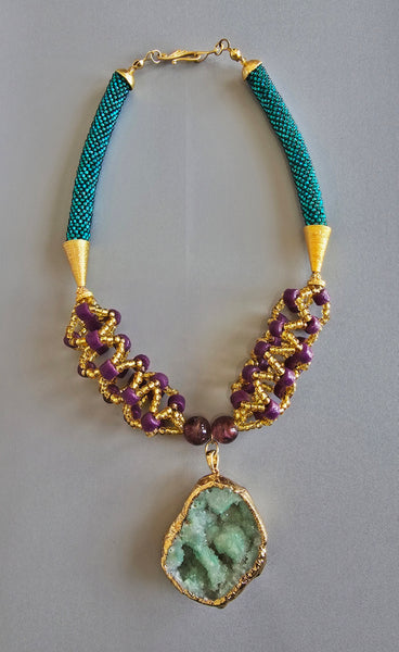 Green/Purple Woven Beaded Crochet Necklace