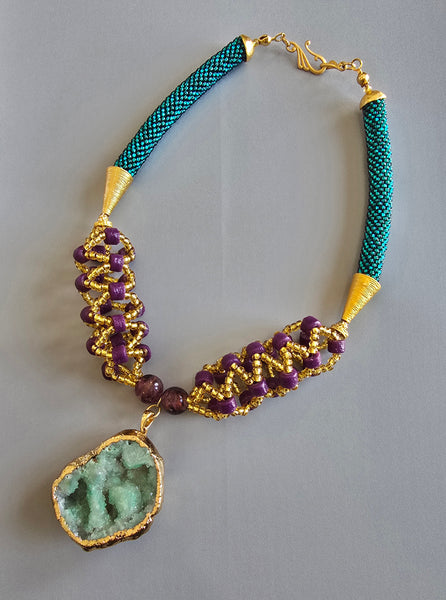 Green/Purple Woven Beaded Crochet Necklace