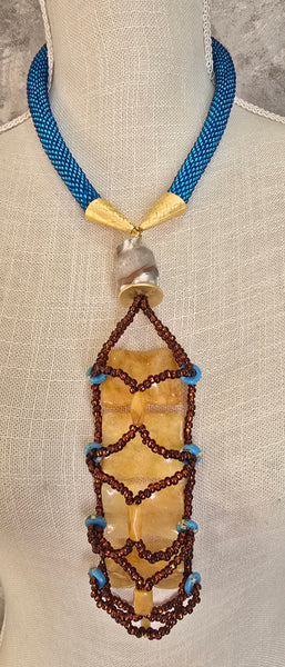 Aqua/Brown Beaded Crochet Woven Lariat Necklace
