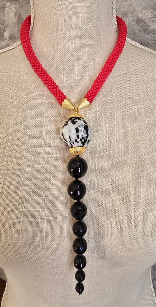 Red/Black/White Beaded Crochet Lariat Necklace
