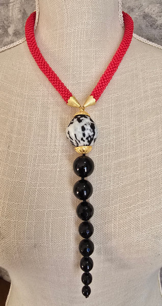 Red/Black/White Beaded Crochet Lariat Necklace