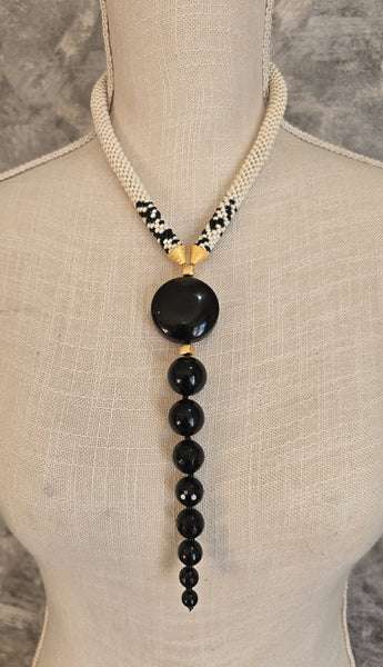 Tan/Black Beaded Crochet Lariat Necklace