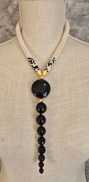 Tan/Black Beaded Crochet Lariat Necklace