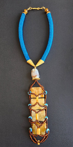 Aqua/Brown Beaded Crochet Woven Lariat Necklace