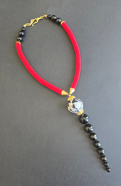 Red/Black/White Beaded Crochet Lariat Necklace