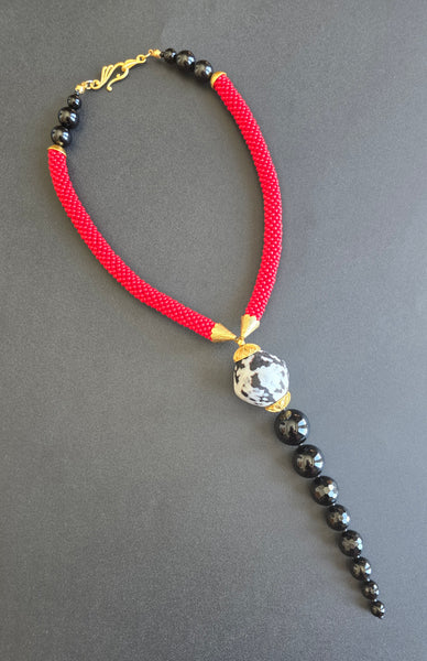 Red/Black/White Beaded Crochet Lariat Necklace