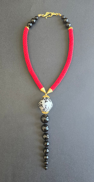 Red/Black/White Beaded Crochet Lariat Necklace