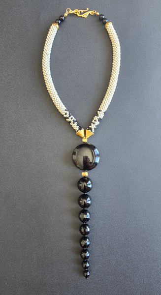 Tan/Black Beaded Crochet Lariat Necklace