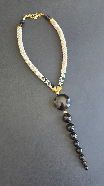 Tan/Black Beaded Crochet Lariat Necklace
