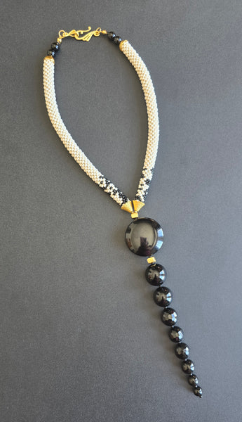 Tan/Black Beaded Crochet Lariat Necklace
