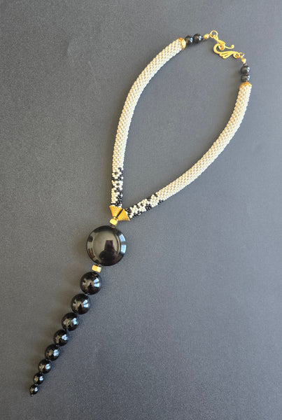 Tan/Black Beaded Crochet Lariat Necklace